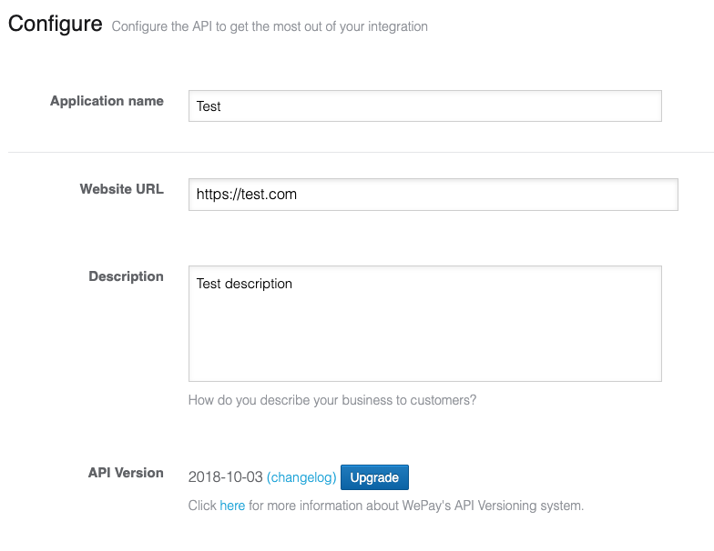 Configure page with API Versioning upgrade button